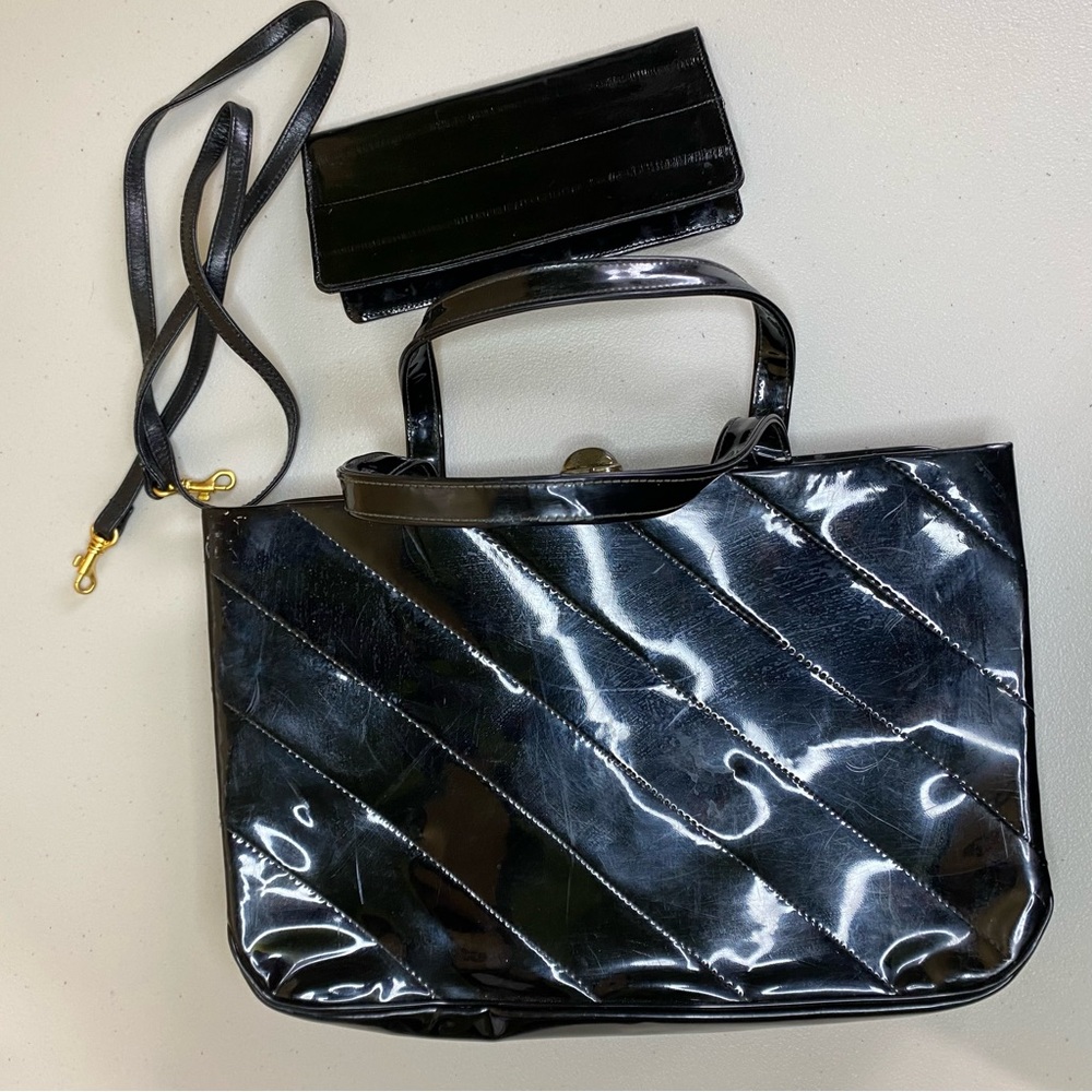 VTG 50s 60s CROWN LEWIS PURSE Black Patent Leather￼